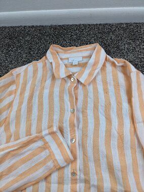 J Jill Shirt Love Linen Orange Creamsicle Stripe Button Long Sleeve Womens Large